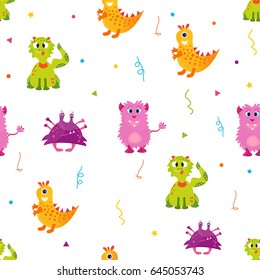 Bright pattern with cute monsters. Can be used for textile, paper wrapping, cover, envelope