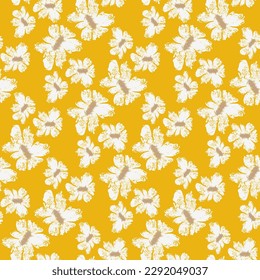 Bright pattern with daisy flowers. Vector seamless texture on yellow background. Print for textile, furniture covers, women wear, wall paper, scrapbook, wrapping paper.