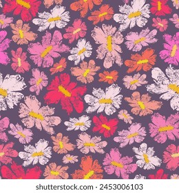 Bright pattern with daisy flowers. Vector seamless texture on violet background. Print for textile, furniture covers, women wear, wall paper, scrapbook, wrapping paper.