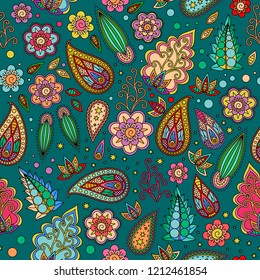 Bright pattern with decorative flowers and leaves. Seamless vector print.