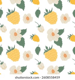 Bright pattern design featuring raspberry yellow fruits and flowers on a white background