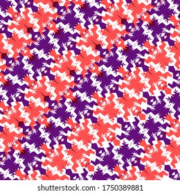 Bright pattern of diagonal borders in the form of abstract men holding hands. Coral and indigo colors, white background. Fashionable and glamorous decoration of any of your bold advertising projects.