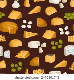 Bright pattern of different types of cheeses and fruits. Appetizers, snacks for wine on a brown background. Olives, gouda, maasdam, brie. Vector illustration. Colorful set in realistic style. Ideal