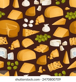 Bright pattern of different types of cheeses and fruits. Appetizers, snacks for wine on a brown background. Olives, grape,gouda, maasdam, brie. Vector illustration. Colorful set in realistic style