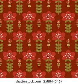 A bright pattern with a fantasy red flower and a smaller bud next to it.