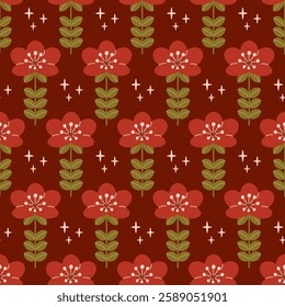 A bright pattern with a fantasy red flower and stars.