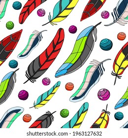 A bright pattern of feathers and colorful beads. Suitable for backgrounds, textures, and prints