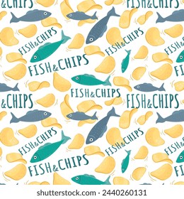 Patrón brillante con Fish and Chips e inscripción. Plato inglés con pescado. Patrón vectorial para textil, embalaje, tela, decoración.