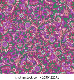 A bright pattern with flowers. Vector image. Stylized plant motifs. Abstract objects. A rich light range. Summer theme. Spring theme. Wavy linear elements, curls and bright spots.