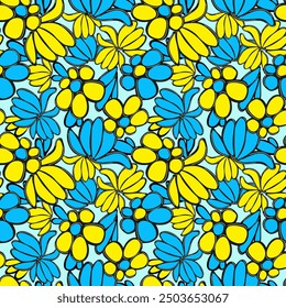 Helles Muster im Volksstil, gelbe und blaue Farben, nahtlos zum Drucken. Für Stoff, Papier, Banner. Farben der ukrainischen Flagge.