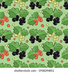 Bright pattern with fresh berries. Garden currant. Pattern for the kitchen. Summer theme. Seamless vector background. Stock illustration.
