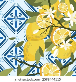 A bright pattern with fresh lemons, blossoms, and green leaves on a Mediterranean blue tile background. Perfect for fabric, wallpaper, packaging, and summer-themed designs.