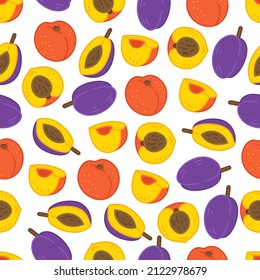 Bright pattern of fresh peaches and plums. 
