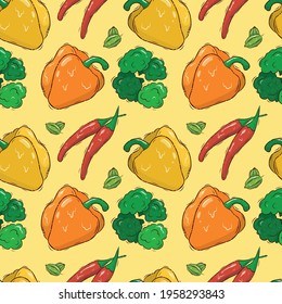 Bright pattern with fresh vegetables. Background with paprika, chili and gooseberries. Pattern for the kitchen. Summer theme. Seamless vector background. Stock illustration.