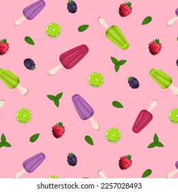 Bright pattern with fruit and Mexican Paletas ice cream on a pink background. Cool summer Latin American dessert with berries. Vector illustration. Cartoon.