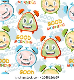 A bright pattern with funny cartoon alarms.