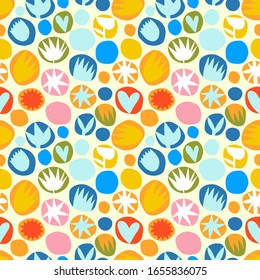 bright pattern with funny characters, with hearts, stars, patterns. Seamless vector pattern for prints, curtains, backgrounds and fabrics.