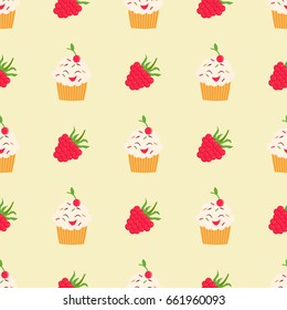 Bright pattern with funny cupcake and raspberry