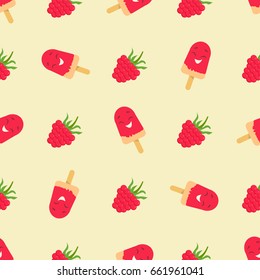 Bright pattern with funny smiling ice-cream and raspberry