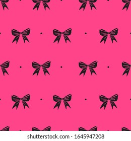 Bright pattern with gift bows and on a pink background is perfect for wrapping paper and holiday decor. Creates an atmosphere of happiness and joy.