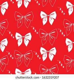 Bright pattern with gift bows and ribbons on a red background is perfect for wrapping paper and holiday decor. Creates an atmosphere of happiness and joy.
