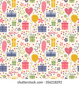 Bright pattern with gifts, balloon, flowers and confetti.