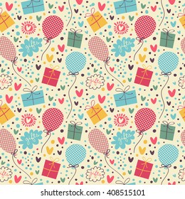 Bright pattern with gifts, balloon, flowers and confetti.
