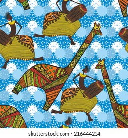 bright pattern with giraffe on a blue background. vector