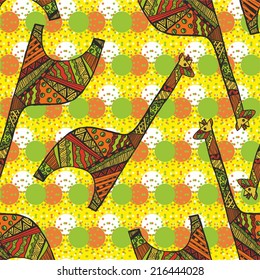 bright pattern with giraffe on a yellow background. vector