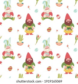 Сhildren's bright pattern with gnomes, baskets and plants on the Easter theme