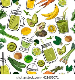 Bright pattern of green smoothies (lemon, lime, kivi, avocado, artichoke, broccoli, celery, onion, parsley, spinach and bananas) 