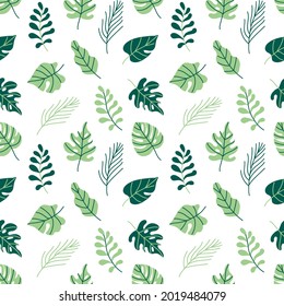 Un patrón brillante de ramas verdes y hojas de plantas tropicales. Para imprimir sobre tela, ropa, papel pintado, postales, invitaciones de boda, etc. Ilustración vectorial sin inconvenientes sobre un tema de verano.