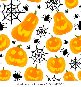 bright pattern for halloween. Seamless vector pattern for all saints eve with pumpkins lanterns and spiders with cobwebs.