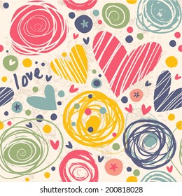 Bright pattern with hearts, circles. The concept of joy and happiness. Seamless background for your design.