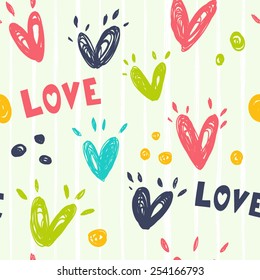 Bright pattern with hearts and label "Love". Seamless romantic background for your design. Great for Baby, Valentine's Day, Mother's Day, wedding, scrapbook, surface textures.