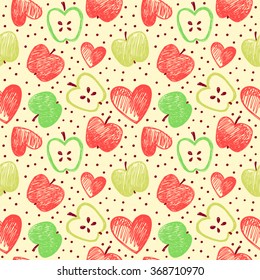 Bright pattern with hearts, polka dots, red and green apples.
