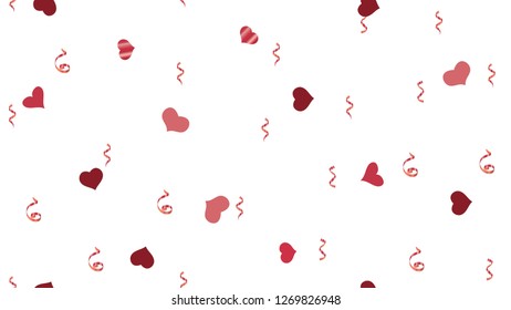 Bright Pattern of Hearts and Serpentine. Scattered Red confetti. Vector Seamless Pattern on a White Background. The idea of packaging, textiles, wallpaper, banner, printing.