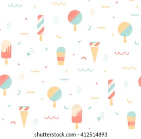 Bright pattern with ice cream and geometric elements. Memphis Style, lines and points. The pattern for covers, website banner.