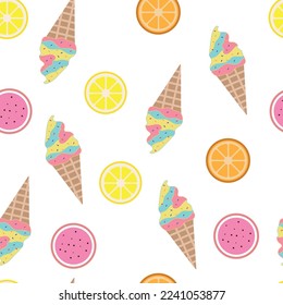 Bright pattern with ice cream, lemon, oranges.	