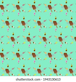 Bright pattern with ice cream and lettering on a turquoise background