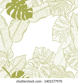 A bright pattern illustration of tropical yellow leaves of a palm tree and monstera on a white background