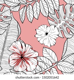 A bright pattern illustration of tropical yellow leaves of a palm tree and monstera .