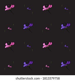 Bright pattern with infinity of wildflowers in pink and purple on a dark background. Vector illustration.