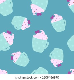 
Bright pattern with latte on a blue background. Vector illustration.