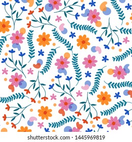 Bright pattern with leaves. Pattern with  flowers. Hand drawn colorful vector pattern. Trendy illustration. 