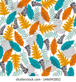 Bright pattern with leaves. Pattern with flowers. Hand drawn colorful vector pattern. Trendy illustration.