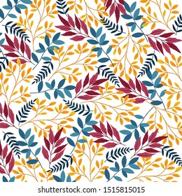 Bright pattern with leaves. Pattern with flowers. Hand drawn colorful vector pattern. Trendy illustration.