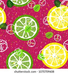 A bright pattern with lime and orange. Fruity pattern. Cocktail. Pieces of ice and mint leaves. Fruit freshness. Summer pattern.