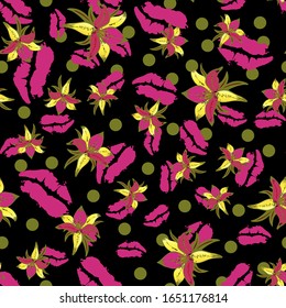 Bright pattern of lips and flowers on a black background, decorative design of products of clothing, fabric, textile, phone cases. Vector illustration