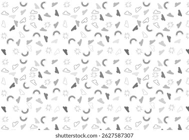 Bright pattern of monochrome clouds, rainbows, suns on black background. Joyful and cheerful design for kids, spring and happiness themes. seamless  pattern vector. For backdrop, wallpaper, fabric 